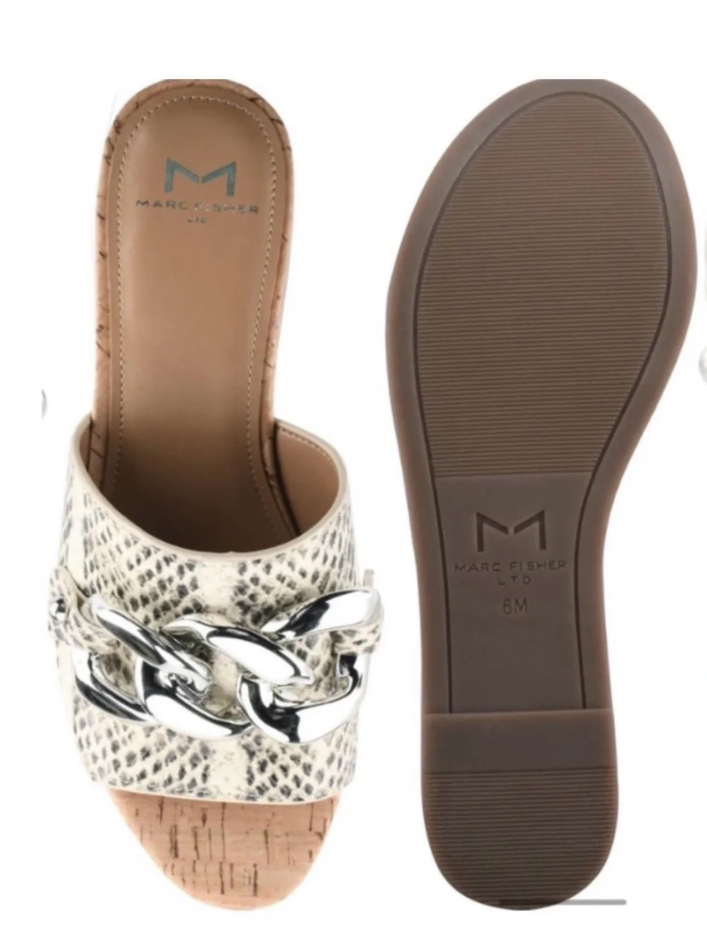 Marc Fisher Womens Snake-Print Cork Platform Slide with Silver Chain “Vaneda”